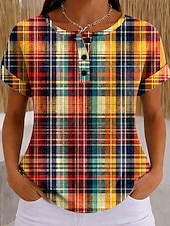 Mujer Camiseta Bloque de Color Estampado Graphic Geométrico Plaid Vintage Elegante Clásico Manga Corta Cuello Barco Tops largos Casual Diario Azul Piscina Rosa Naranja Verde Trébol Verano Primavera