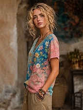 abordables Camiseta floral-Mujer Camiseta bohemia Tops de verano Floral Graphic Plantas Elegante Bohemia Vintage Manga Corta Escote en Pico Tops regulares Casual Diario Deportes Azul Piscina Rosa albaricoque Rosa Verano