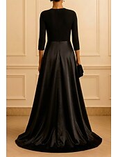 cheap Sheath Evening Dresses-Sheath Column Floor Length Evening Gown Ball Gown with Overskirt Elegant High Split 3/4 Length Sleeve Crew Neck Wedding Formal Stretch Crepe with Pleats