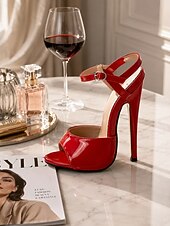 cheap Heeled Sandals-Women's Patent Leather Platform Stiletto Sandals, Open Toe Ankle Strap High Heels for Club, Party &amp; Dancewear