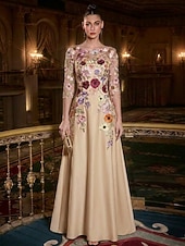 cheap A-Line Evening Dresses-A-Line Floor Length Evening Gown Elegant Vintage Floral 3/4 Length Sleeve Boat Neck Garden Party Wedding Satin Tulle with Embroidered Flower Pleats Embroidery