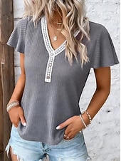  Mulheres Camiseta T-shirt Renda Patchwork Côr Sólida Elegante Moda Estilo bonito Manga Curta Mangas Evasê Decote V Tops regulares Casual Preto Rosa Vinho Azul Marinha Marron Verão Primavera