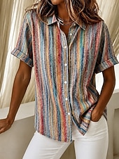 voordelige Strepen- en Geometrische Blouses-Dames Overhemd Knop Afdrukken Grafisch Ruitjes Gestreept Vintage Dagelijks Stijlvol Korte mouw Overhemdkraag Lange tops Casual Dagelijks blauw Groen En Blauw Paars Groen Zomer Lente