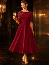 baratos Comprimento do chá-Linha A Longuette Vestido de festa Vestido Coquetel Vestido de convidada de casamento Vestido Para Mãe dos Noivos Meia Manga Scoop pescoço Elegante Vintage Convidado do casamento Cetim Renda com