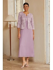 abordables Édition soignée-Femmes Ligne A Ensembles de robes 2 pièces avec veste Robe de Cocktail Robe d'invité de mariage Longueur thé Col Rond Sans manches Manche 3/4 Élégant Quotidien Semi-Formel avec Chiffon Maille florale