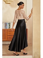 preiswerte Polished Edit-Damen A-Linie High-Low-Kleid Cocktailkleid Kleid für Hochzeitsgäste Knöchellänge Rundhalsausschnitt Dreiviertelarm Illusionsärmel Hohe Taille Elegant Mutter der Braut mit Satin Paillettenspitze