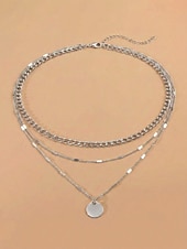 voordelige Dames ketting-Damesketting met ronde schijfhanger in goud-zilveren lagen, minimalistische meerlaagse ketting van legering, elegante ketting voor elke dag, geschikt voor vakantie, werk, feestjes en als cadeau.