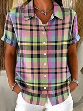  Mulheres Camisa Social Botões Imprimir Gráfico Xadrez Vintage Diário à moda Manga Curta Colarinho de Camisa Tops regulares Casual Diário Rosa Verde Verão Primavera