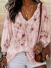 お買い得  レーストップ-女性用 シャツ アイレットトップ コットン100％ ボヘミアンシャツ ジャカード ドローストリング オンブル’ フラワー グラフィック エレガント ボヘミア 活発的 長袖 Ｖネック レギュラートップス カジュアル ブルー ピンク グリーン 夏 春 秋