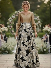 cheap Floor Length-A-Line Floor Length Formal Dresses Evening Gown Mother of the Bride Dress 3/4 Length Sleeve V Neck Square Neck Elegant Simple Formal Wedding Guest Semi Formal Metallic Fabric Jacquard with Pleats