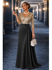 abordables שמלות ערב לאירועים-A-Line Floor Length Ball Gown with Cape Evening Gown Elegant Glittering Silky 3/4 Length Sleeve V Neck Wedding Formal Satin Sequined with Glitter Pleats Sequin