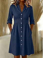 preiswerte Kleider-Damen Knielanges Kleid Baumwoll-Leinen-Kleider Hemdblusenkleid Elegant Urlaub Klassisch Täglich Büro Urlaub Normale Passform Einfach Langarm V Ausschnitt Rote Marineblau Orange Sommer Frühling