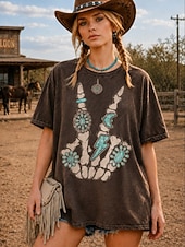 Χαμηλού Κόστους Boho t-shirt-γυναικείο μπλουζάκι από 100% πλυμένο βαμβάκι vintage τοπ με εκτύπωση γραφικό γράμμα vintage μόδα κομψό κοντομάνικο στρογγυλή λαιμόκοψη κανονικές τοπ casual καθημερινό μαύρο ανοιχτό μωβ πράσινο καφέ