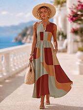 preiswerte Sommerkleider-Damen Maxikleid Sommerkleid Urlaub Täglich Heim Outdoor Normale Passform Blumen Grafik Geometrisch Ärmellos V Ausschnitt Schwarz Gelb Rote Khaki Sommer Frühling