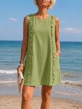cheap Plain Dress-Women's Knee Length Dress Linen-feel Dresses Shift Dress Vacation Daily Loose Fit Pure Color Sleeveless Crew Neck Blue Coffee brown yellow-green Black Summer