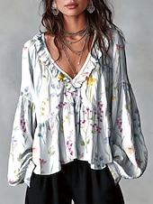 billige Blomstrete bluser-Dame Skjorte Tunika Drapering Nyanse Blomstret Grafisk Elegant Bohem Ferie Langermet V-hals Vanlige topper Avslappet Daglig Hvit Gul Rød Grønn Sommer Vår