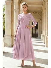 cheap Ankle Length-A-Line Ankle Length Party Dress Cocktail Dress Wedding Guest Dress Mother of the Bride Dress 3/4 Length Sleeve Jewel Neck Elegant Plus Size Wedding Guest Wedding Party Chiffon Lace with Ruched Sequin