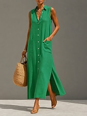  Women's Maxi long Dress Linen Dresses Vintage Daily Vacation Loose Fit Plain Sleeveless Shirt Collar Green Summer