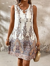  Femmes Mini robe Robe débardeur Vacances Occasionnel Boho Plage Coupe Ample Graphique Paisley Sans manches Col ras du cou Blanche Rose Claire Été Printemps