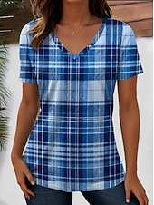  Mujer Camiseta Estampado Graphic Plaid A Rayas Elegante Clásico Casual Manga Corta Escote en Pico Tops regulares Casual Diario Azul Piscina Rosa Naranja Verde Trébol Verano Primavera
