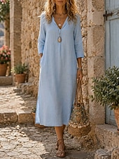  Women's Midi Dress Linen Dresses Casual Daily Loose Fit Pure Color 3/4 Length Sleeve V Neck Blue Yellow Green Autumn