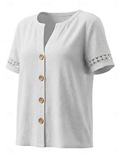  Damen Baumwoll-Leinen-Hemden Textur Kontrastspitze Spitze Vintage Kurzarm V Ausschnitt Normale Oberteile Lässig Koralle Rot Denim Blue Weiß Sommer Frühling