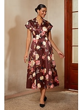 economico Rifinitura-Per donna Linea ad A Abito da Cocktail Abito da invitata a nozze Lunghezza Tè Scollo a V Bavero Manica Corta Spalla scesa Vita Alta Elegante Vintage Madre della sposa Semi-Formale con Raso Stampa
