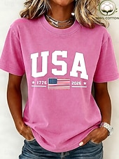  día de la independencia americana Mujer 100% Algodón Camiseta Tops lavados estilo vintage Estampado Graphic Bandera Elegante Básico Casual Manga Corta Cuello Barco Tops largos Casual Diario Azul