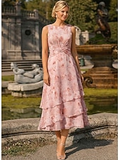 tanie Zestawy sukienek dla mamy-Two Piece A-Line Tea Length Wedding Guest Dress Mother of the Bride Dress Sleeveless 3/4 Length Sleeve Crew Neck Elegant Simple Minimalist Formal Semi Formal Chiffon Jacquard with Floral Print Ruched