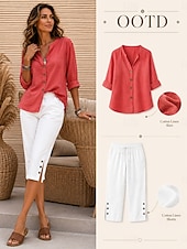  Women's Linen Shirts Blouse Buttons Solid Color Daily Casual 3/4 Length Sleeve V Neck Regular Tops Daily Black White Red Orange Green Summer Spring Fall