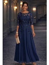 preiswerte Bodenlänge-A-Linie Bodenlang Spitzenkleid Brautmutterkleid Langarm Rundhalsausschnitt Illusionsausschnitt Elegant Vintage Formell Hochzeitsgast Hochzeitsfeier Chiffon Spitze mit Blumenmuster 3D-Blumen Stickerei