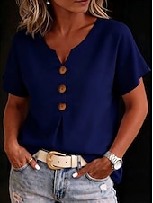  Mujer Camisa Blusa Moda Manga Corta Escote en Pico Tops regulares Casual Blanco Bleu Ciel Verde Trébol Azul Oscuro Rosa Rojo Verano Primavera