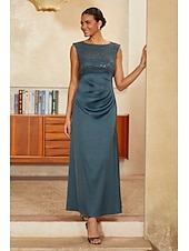 cheap Edición pulida-Women's A-Line Cocktail Dress Wedding Guest Dress Ankle Length Boat Neck Sleeveless Empire Waist Elegant Vintage Mother Of The Bride Semi Formal with Satin Sequin Lace Glitter Ruched Stretchy Ink Blue