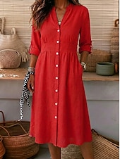 abordables Vestidos-Mujer Vestido hasta la Rodilla Vestidos de lino y algodón Vestido de Camisa Elegante Vacaciones Clásico Diario Oficina Vacaciones Ajuste regular Plano Manga Larga Escote en Pico Rojo Azul Marino