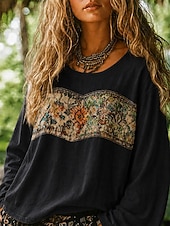tanie Koszule-Damskie Koszula Koszule lniane Koszula Boho Bluzka Haft Kwiaty Codzienny Boho Długi rękaw W serek Zwykłe topy Codzienny Święto Czarny Fuksja Pomarańczowy Morelowy Szary Lato