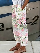 Damen Hose in Leinenoptik Weites Bein Freizeithose Sommerhose Urlaub Mode Streetwear Knöchellang Mittlere Taille Blumen Grafik Tasche Elastischer Bund Druck Bequem Komfort Atmungsaktivität Unelastisch