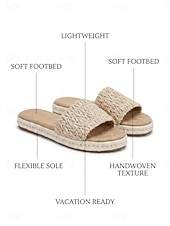 ieftine Sandale tip slide-Sandale damă din rafie țesută - sandale plate din paie, cu vârful deschis, stil boho, pentru vacanța de vară la plajă, sandale espadrile naturale