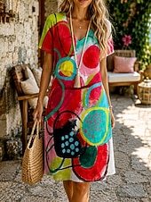Χαμηλού Κόστους Boho φορέματα-Γυναικεία Φόρεμα μέχρι το γόνατο Κοντομάνικο φόρεμα Φόρεμα σε γραμμή Α Διακοπές Καθημερινό Μπόχο Παραλία Κανονικό Φλοράλ Γραφική Κοντομάνικο Λαιμόκοψη V Θαλασσί Ρουμπίνι Πορτοκαλί Καλοκαίρι Άνοιξη