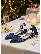 baratos Bruidsmeisje-Women's Navy Blue Wedding Flats - Pearl Ankle Strap Mesh Bridesmaid Shoes with Bow for Garden Wedding Guest