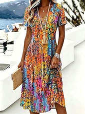  Femmes Robe Longueur Genou Robe T-Shirt Robe trapèze Vacances Occasionnel Boho Plage Coupe régulière Fleuri Graphique Manche Courte Col en V Bleu Orange Vert Été Printemps