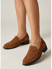 Недорогие Женские слипоны и лоферы-Women's Brown Suede Loafers - Penny Chunky Heel Slip-On Shoes for Pleated Skirts, Casual Streetwear