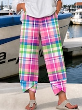  Mujer Perneras anchas pantalones Pantalones Cortos Vacaciones Vintage Estilo Étnico Longitud total Alta cintura Graphic Plaid Geométrico Correa Retazos Cintura elástica Confortable Comodidad