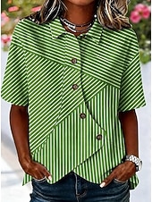 abordables Blusas a rayas y geométricas-Women's Shirt Patchwork Striped Bohemia Vacation Daily Sleeveless Turndown Long Tops Casual Blue Black Yellow Pink Green Summer Spring