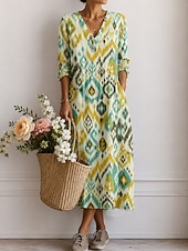  Women's Midi Dress Sundress Casual Dress A Line Dress Vacation Casual Boho Holiday Loose Fit Floral Graphic Long Sleeve V Neck Blue Yellow Orange Summer Spring