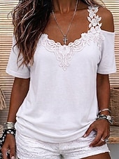  Women's Lace Tops Patchwork Plain Vintage Stylish Sexy Short Sleeve V Neck Regular Tops Casual Daily Going out White Black Pink Sky Blue Fall Winter