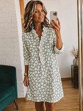  Mujer Vestido hasta la Rodilla Vestido de cambio Vestido informal Elegante Vacaciones Playa Festivos Ajuste regular Floral Graphic Manga Larga Escote en Pico Amarillo Rojo Verde Trébol Verano