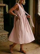 preiswerte Einfaches Kleid-Damen Midikleid Spitzenkleid Vintage Täglich Lässiger Schnitt Einfach Ärmellos V Ausschnitt Weiß Hellblau Schwarz Hellgrün Frühling