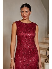 cheap Polished Edit-Women's Mermaid Trumpet Cocktail Dress Wedding Guest Dress Tea Length Boat Neck Sleeveless Elegant Vintage 1980s Mother Of The Bride Party Semi Formal with Mesh Glitter Embroidery Flared Tulle Hem