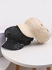 voordelige Dameshoeden-Zomerse pet met pailletten en sterrenmotief voor dames, gemaakt van ademend mesh. &amp;linnenmix, resort &amp;Platte reishoed, champagne goudbeige/wit/zwart, elegante dameshoed