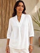  Women's Linen Shirts Blouse Solid Color Vintage Stylish Classic 3/4 Length Sleeve Henry Collar Regular Tops Casual Daily Office White Summer Spring